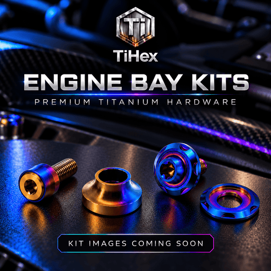 TiHex Engine Bay Kits met gekleurde titanium hardware en de tekst ‘Kit images coming soon’.