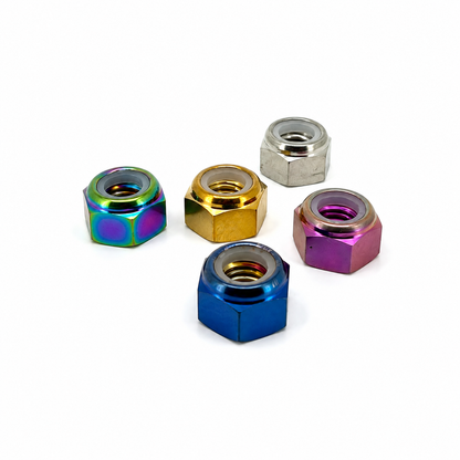 TiHex titanium nylock nuts in multiple anodized colors